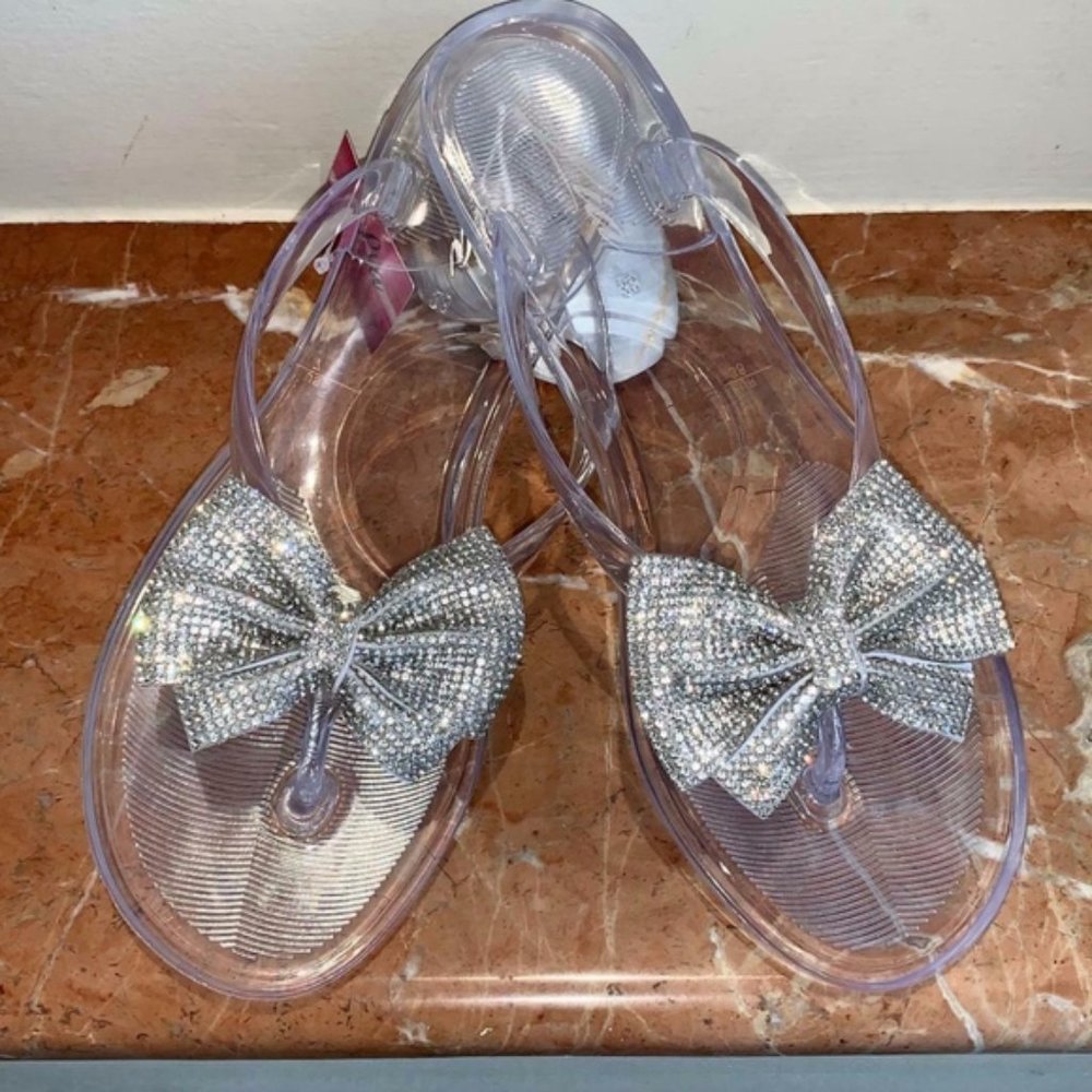 Rhinestone Bow Jelly Flat Sandals